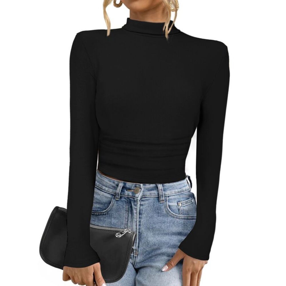 Women Casual Fitted Mock Turtleneck Long Sleeve Sweaters Fall Top Black